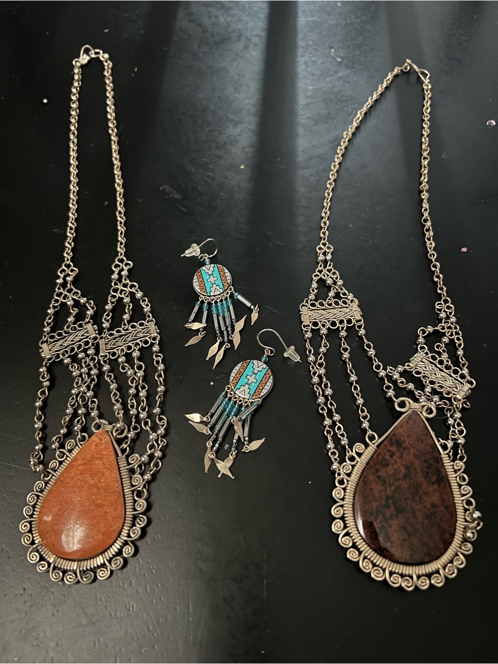 Bohemian Teardrop Stone Necklace and Turquoise Feather Earrings Set